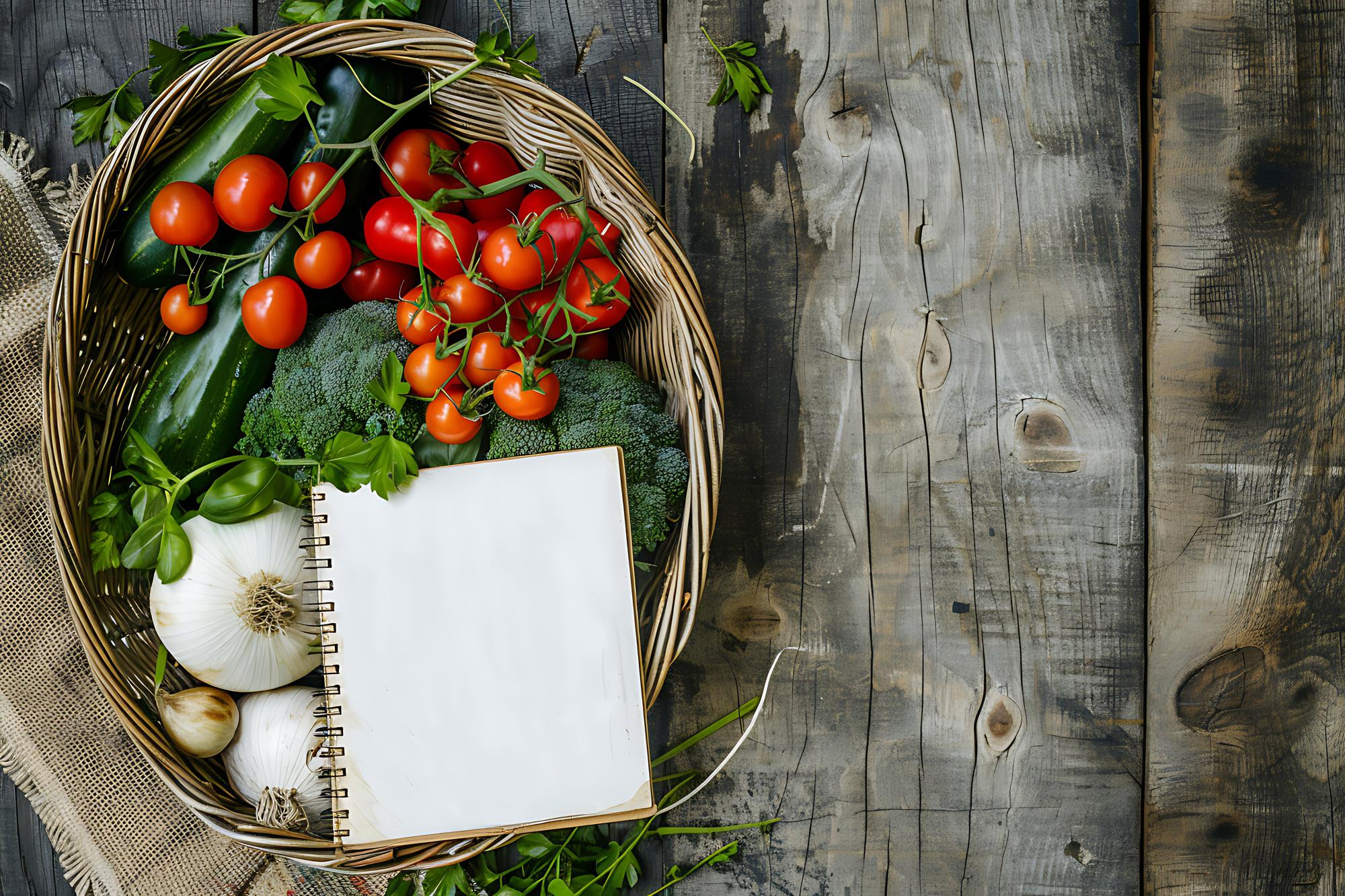 Close-up of market produce and recipe notes